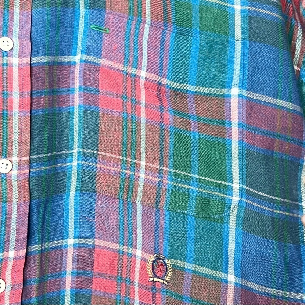 Tommy Hilfiger Mens L Multicolor Plaid Short Sleeve Button Up Shirt 100% Linen - Picture 3 of 9